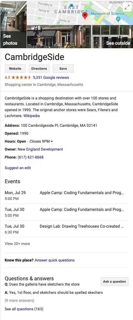 screenshot of cambridgeside’s google business profile.