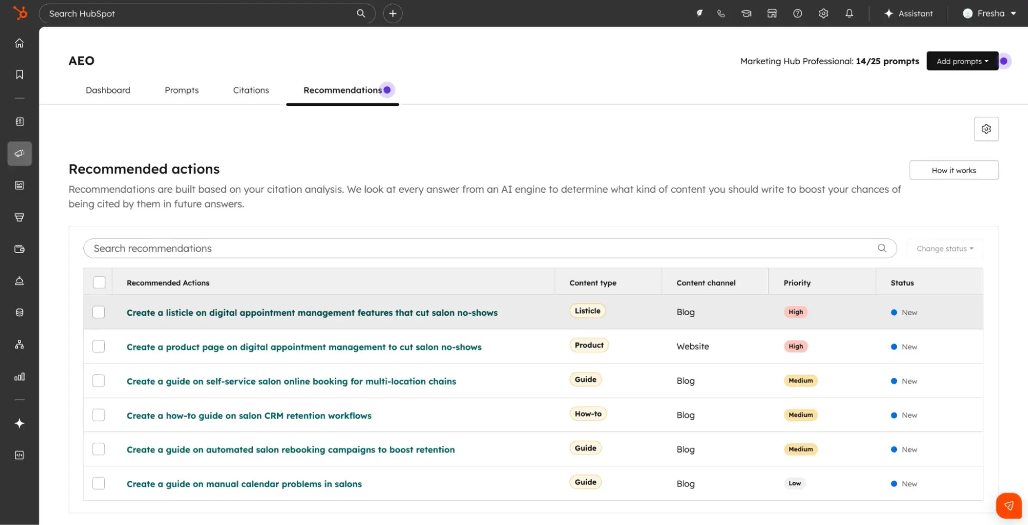 HubSpot AEO Recommendations tab showing suggested content types and priorities for boosting AI citation rates