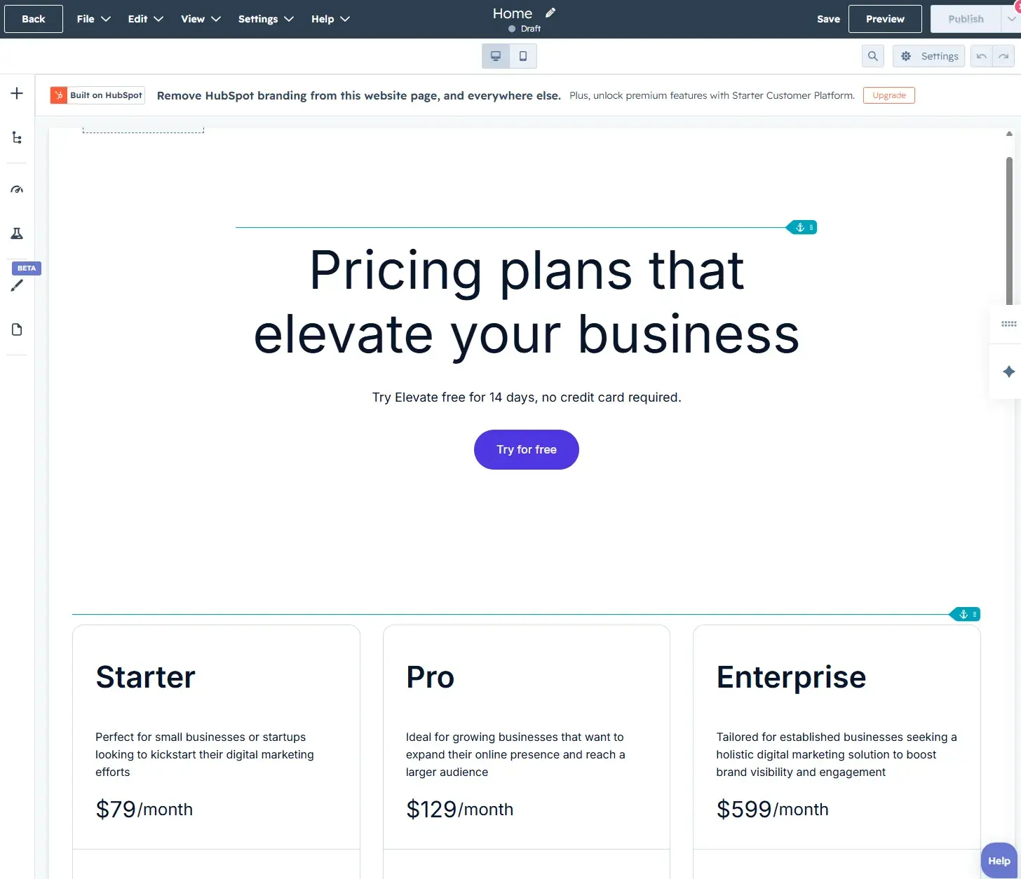 seo tool for small businesses, hubspot’s content hub. screenshot shows the pricing page template using the drag-and-drop builder.