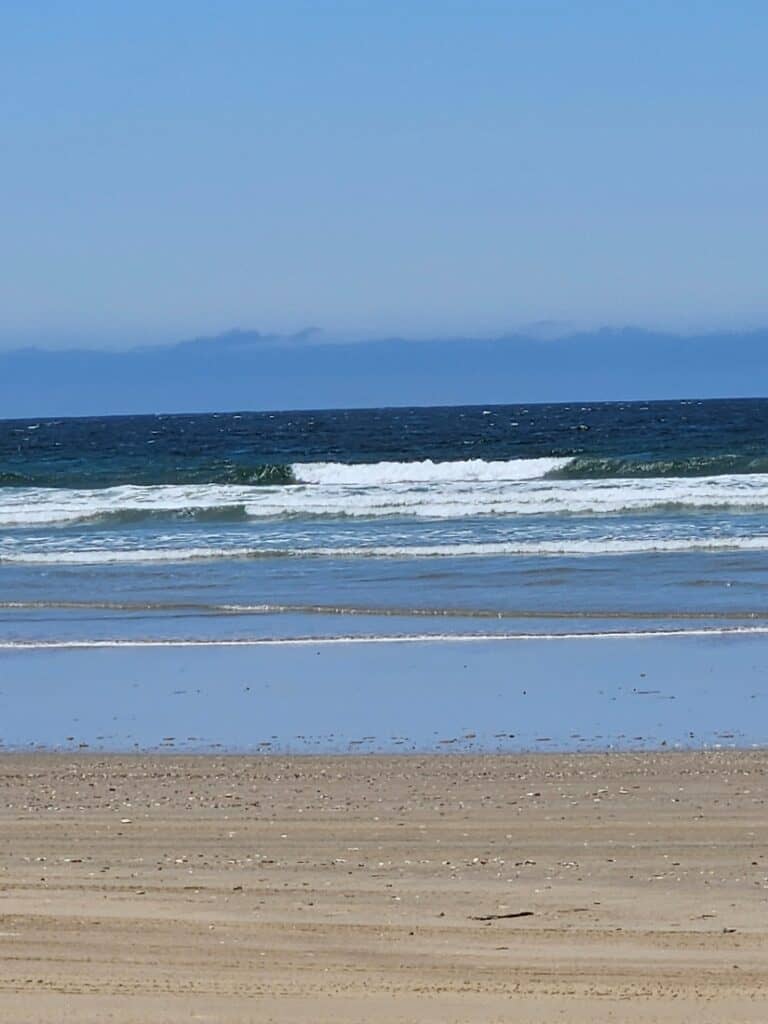 Pacific Ocean shoreline with waves rolling in.